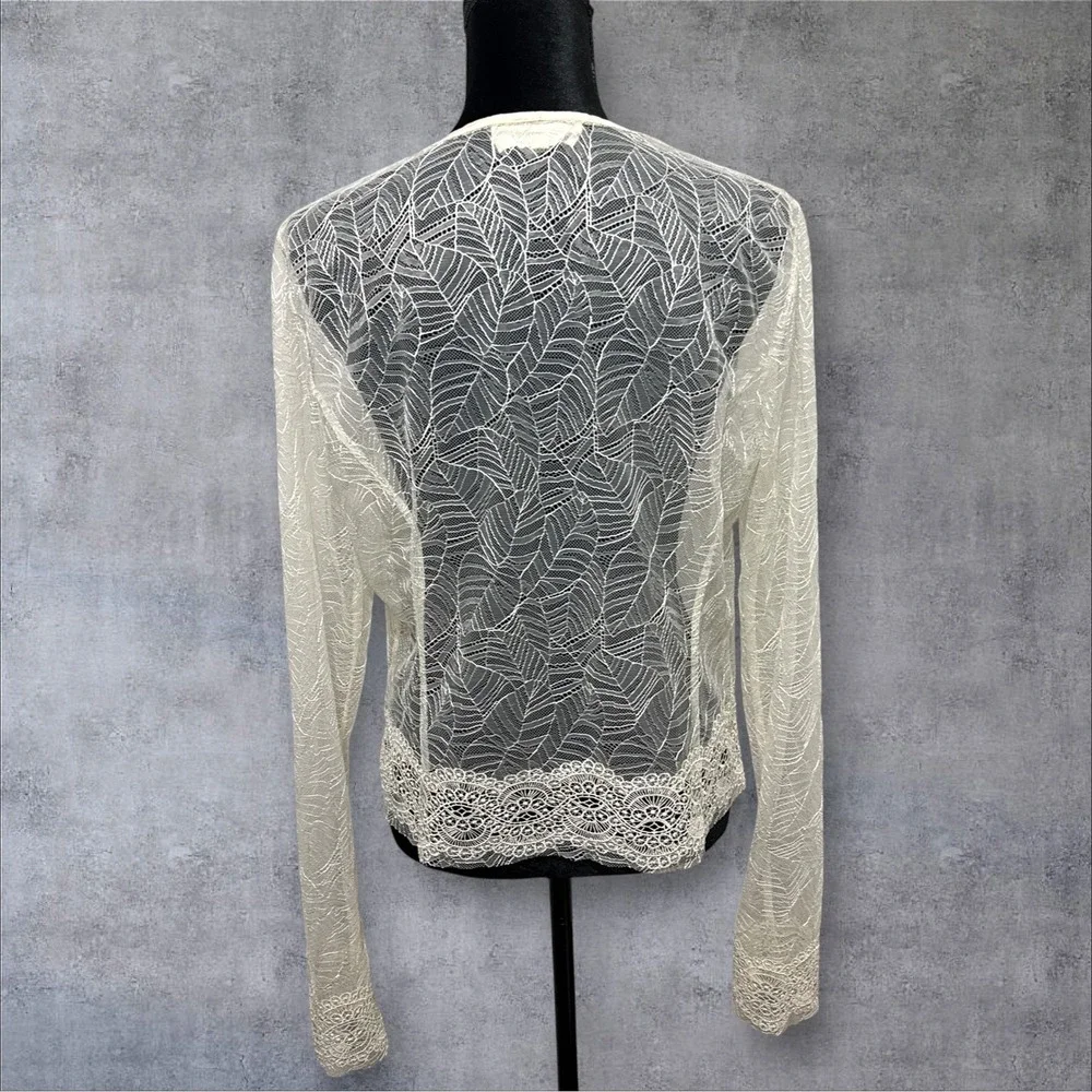Nigel Preston for Free People Cardigan Womens L Cream Sheer Lace Leaf Boho